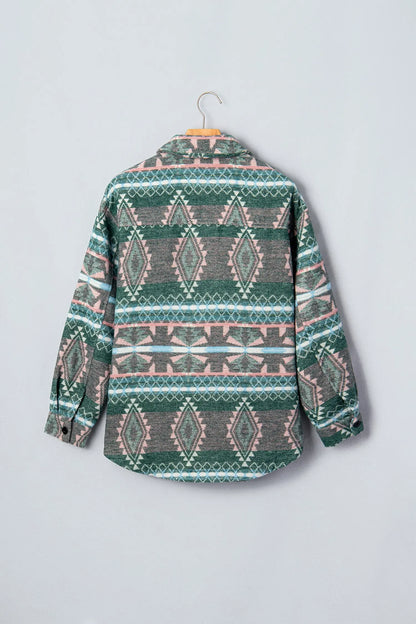 Green Geometric Print Button Front Long Sleeve Shacket