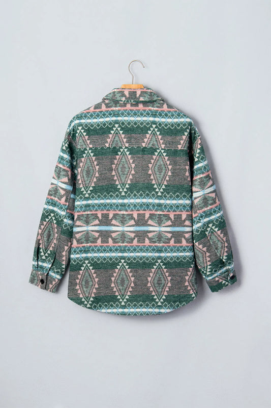 Green Geometric Print Button Front Long Sleeve Shacket