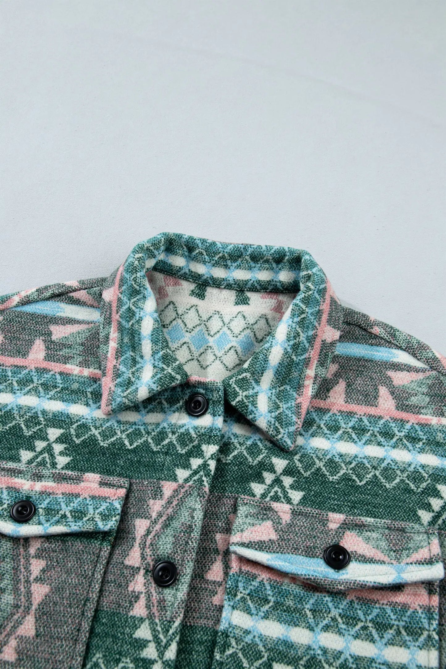 Green Geometric Print Button Front Long Sleeve Shacket