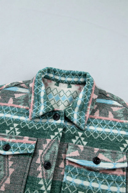 Green Geometric Print Button Front Long Sleeve Shacket