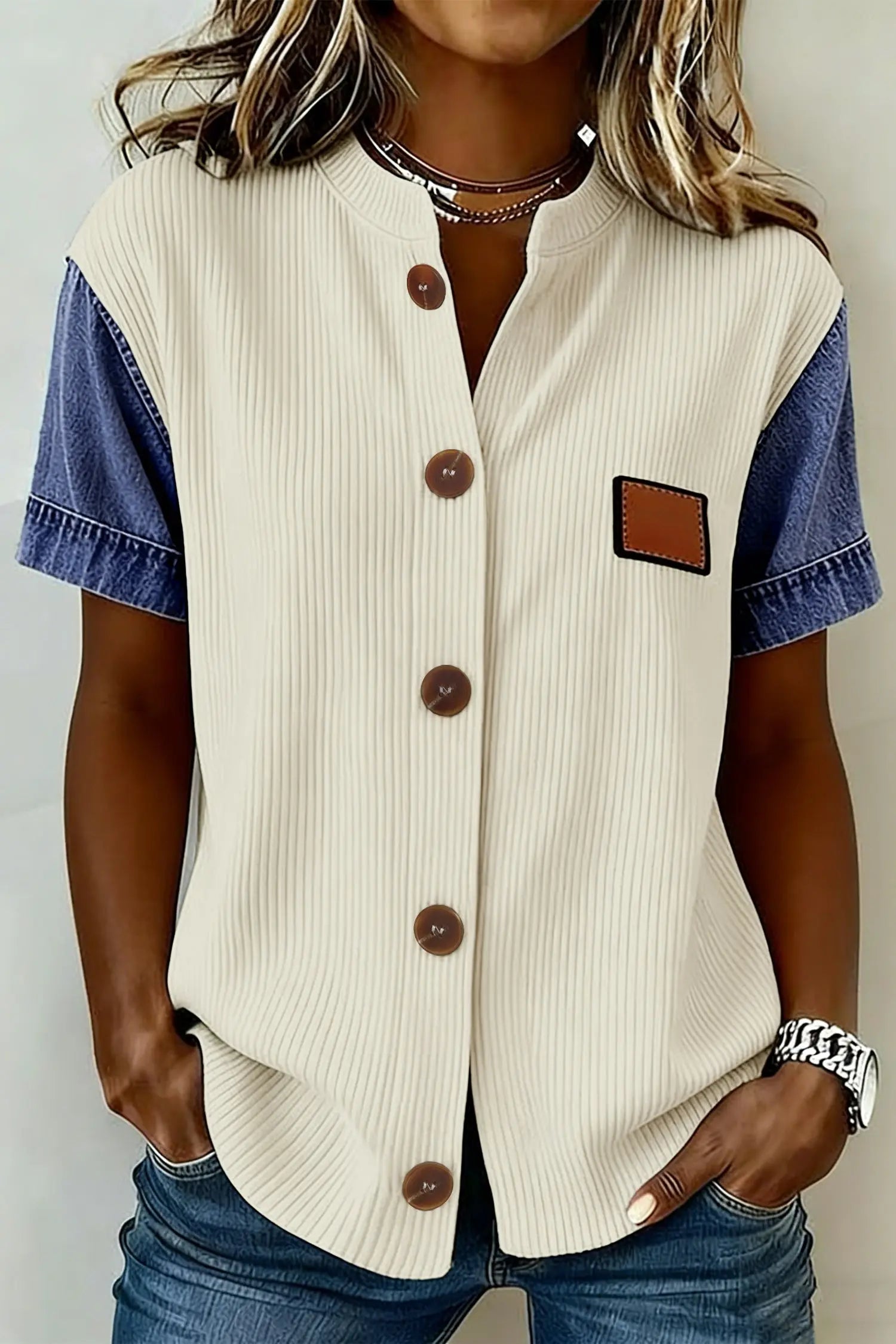 Beige Denim Patchwork Short Sleeve Ribbed Shirt Dear-Lover Dropshipping