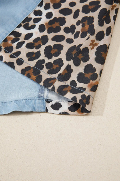 Myosotis Denim Color Block Leopard Patchwork Shirt Collar T Shirt Mini Dress Nataliz