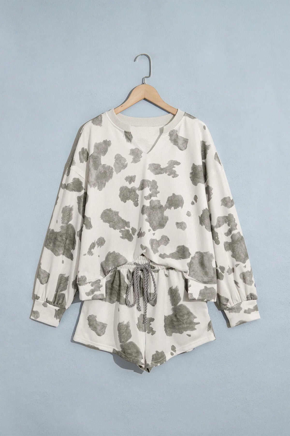 Gray Western Print Raw Hem Long Sleeve Top Drawstring Shorts Set