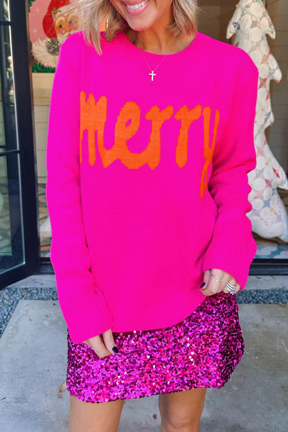 Bright Green Merry Print Ribbed Trim Round Neck Loose Fit Sweater