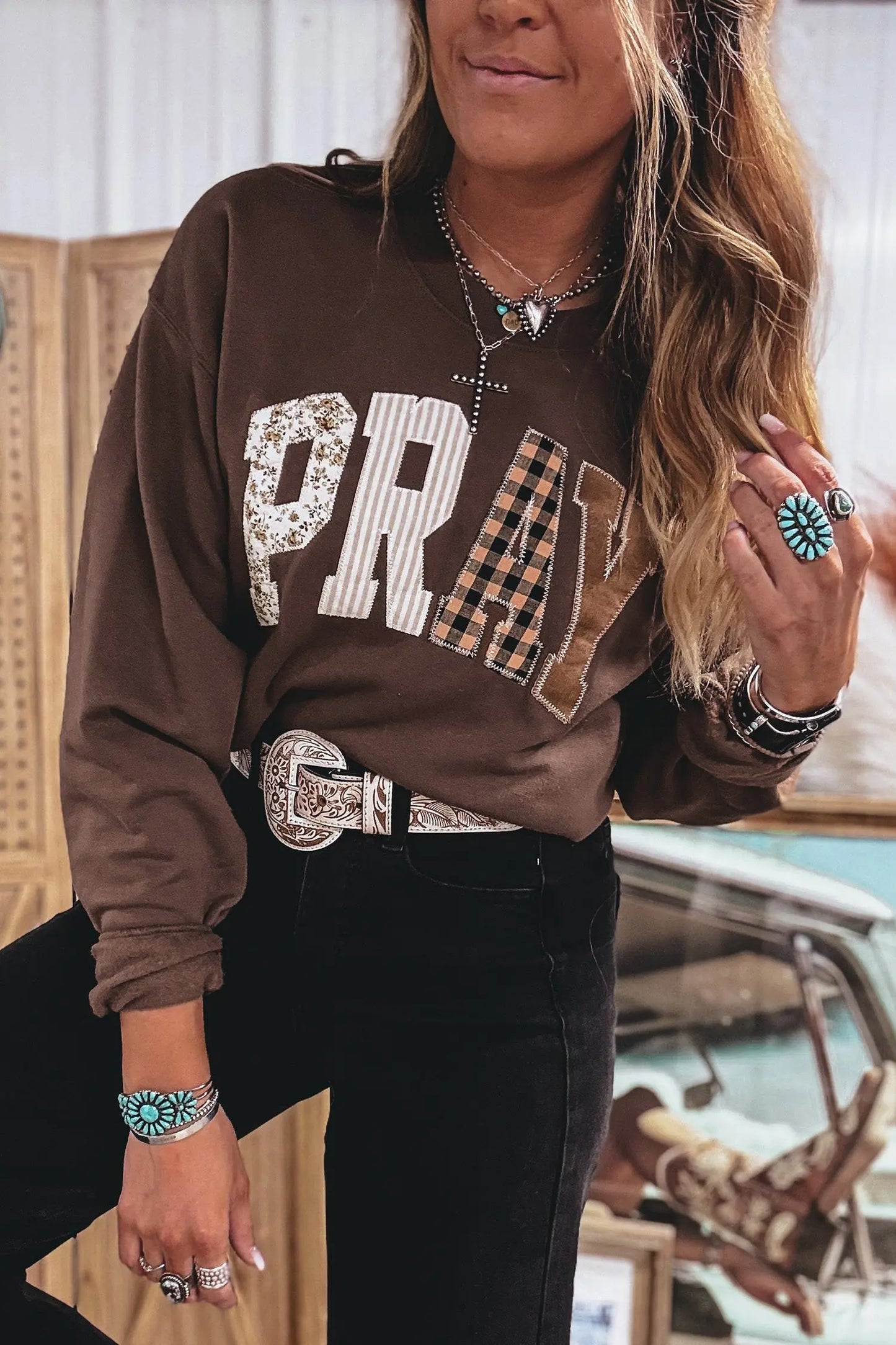 Gray Floral Buffalo Plaid Striped Embroidered Patch Western Pullover Sweatshirt