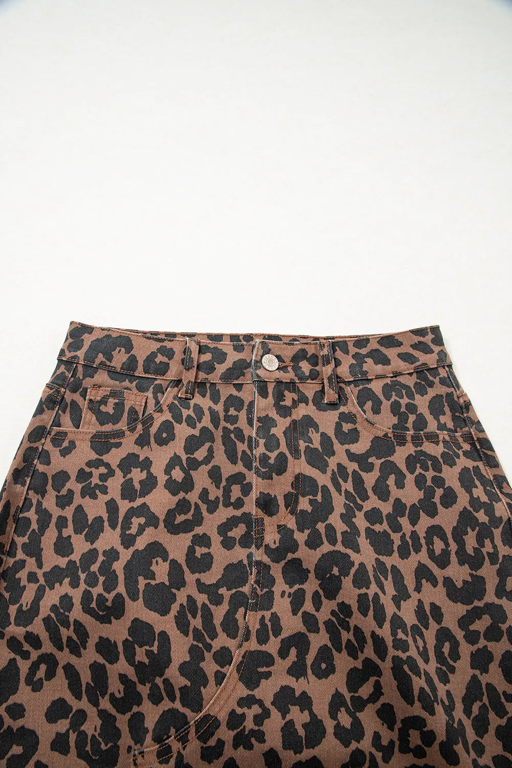 Brown Leopard Print Side Split Frayed Hem Denim Midi Skirt