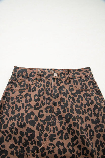 Brown Leopard Print Side Split Frayed Hem Denim Midi Skirt