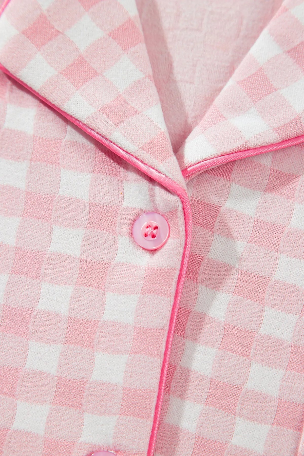 Pink Gingham Long Sleeve Lapel Shirt 2pcs Pajama Pant Set detail view · nz-alt-v1
