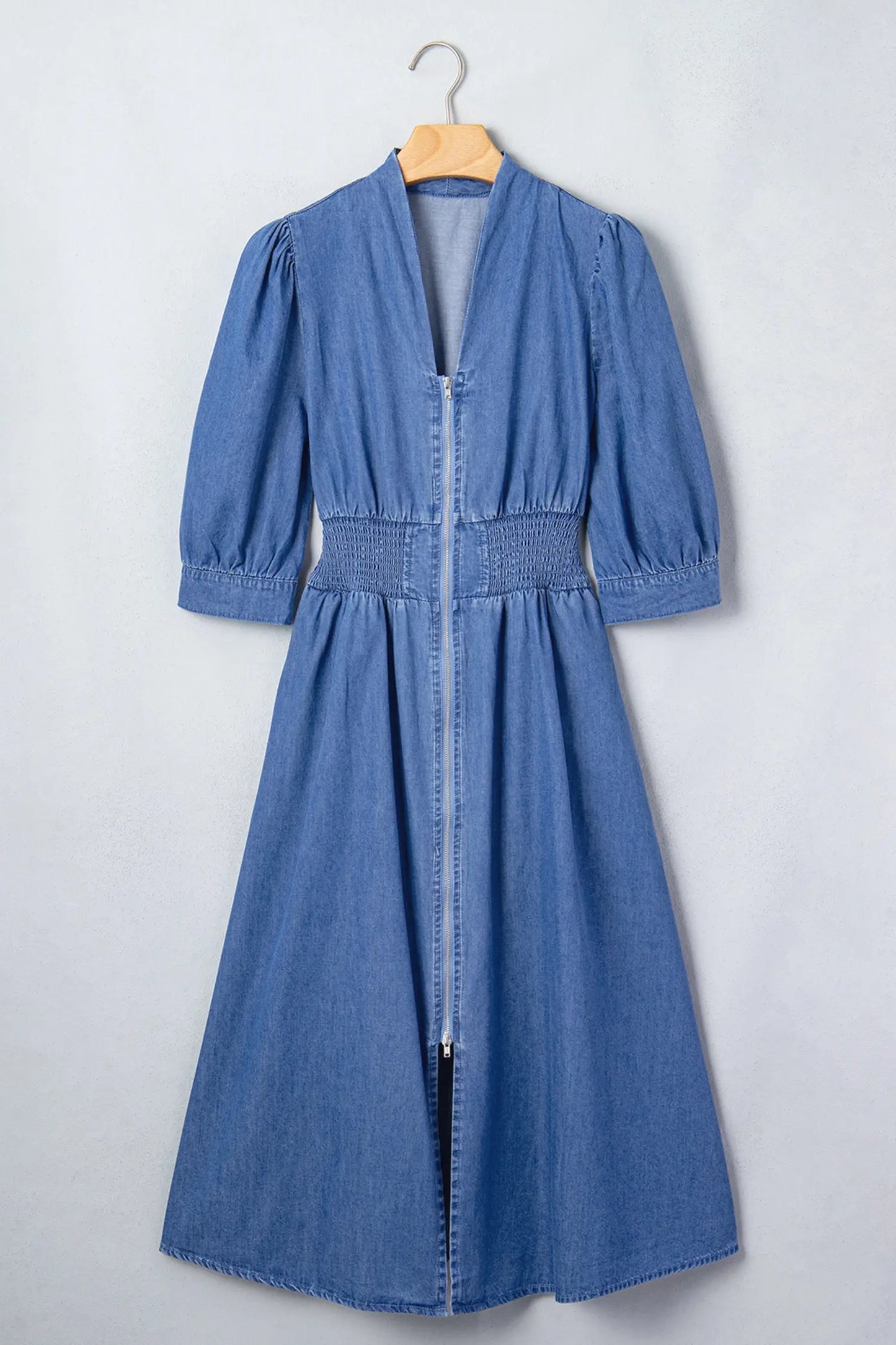 Blue V Neck Shirred Waist Metal Zipper Denim Midi Dress