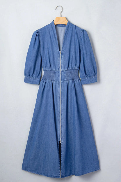 Blue V Neck Shirred Waist Metal Zipper Denim Midi Dress