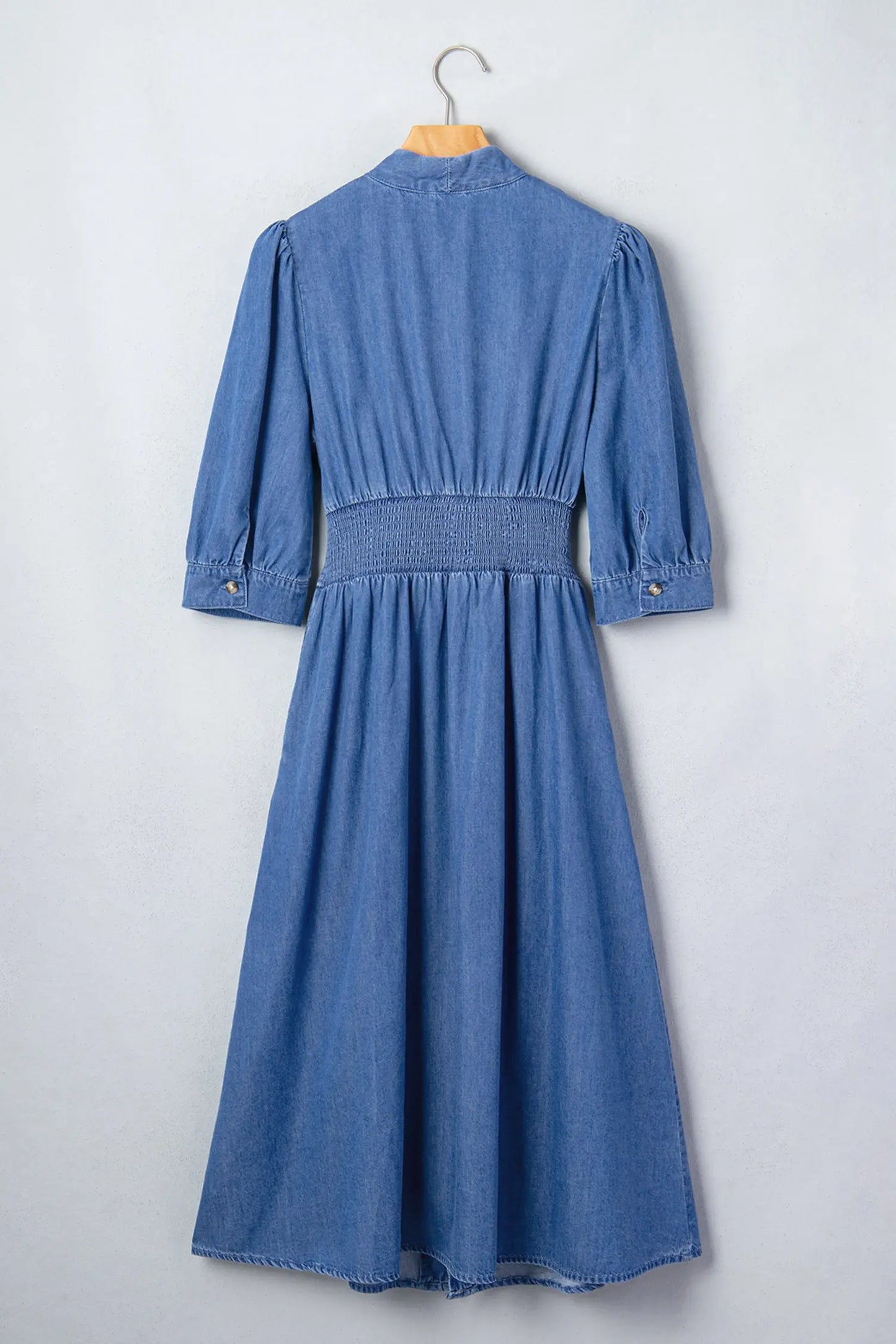 Blue V Neck Shirred Waist Metal Zipper Denim Midi Dress