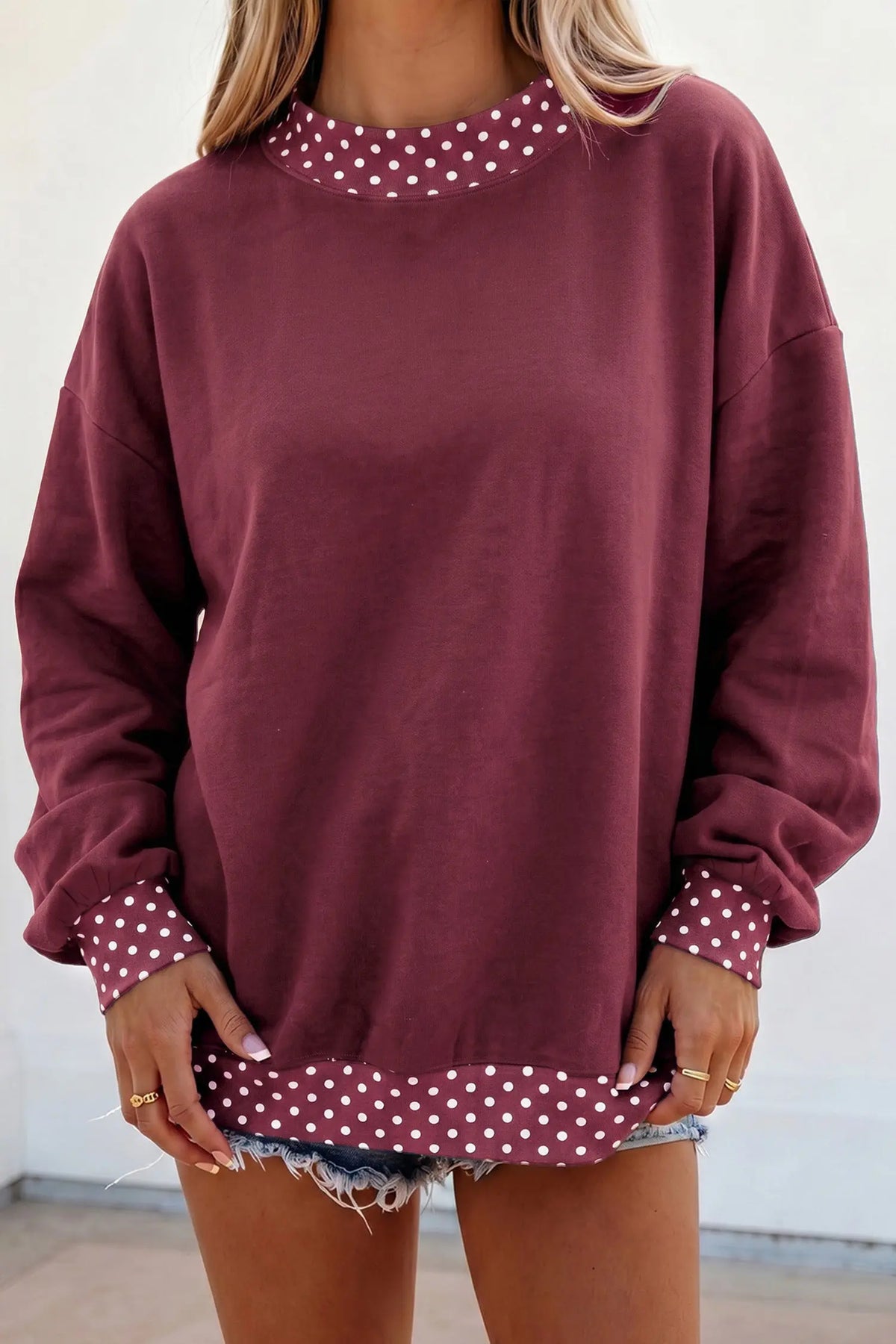 Tillandsia Purple Colorblock Polka Dot Contrast Trim Oversized Sweatshirt