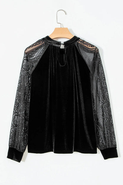 Color Black Solid Color Sheer Lace Long Sleeve Patchwork Stand Neck Velvet Blouse