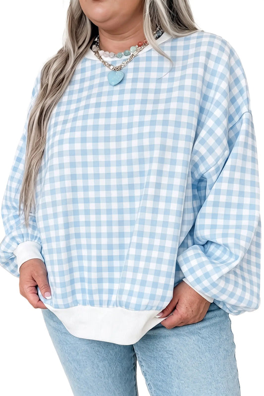 Light Blue Casual Plus Size Plaid Sweatshirt model front view · nz-alt-v1