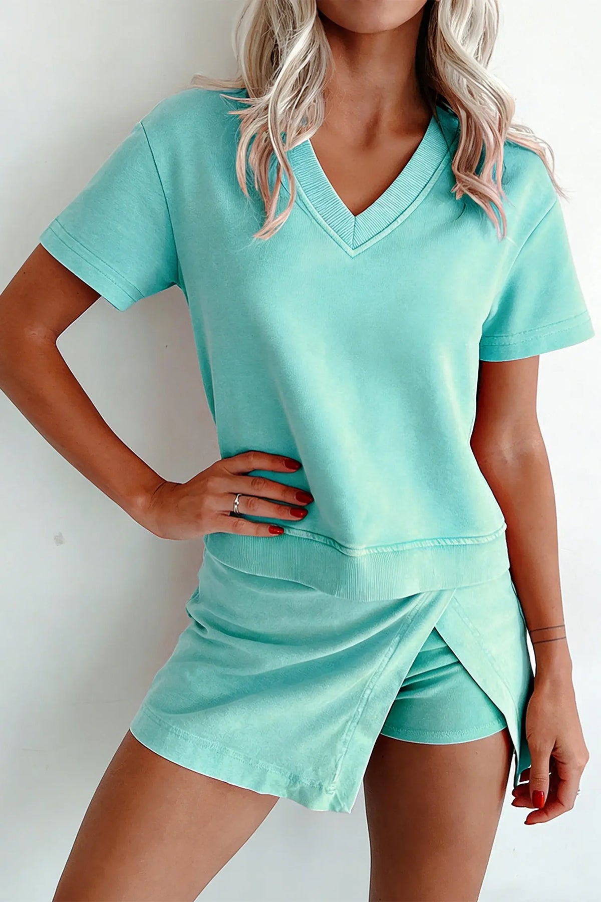 Cotton Mineral Wash V Neck Tee Matching Skort Set