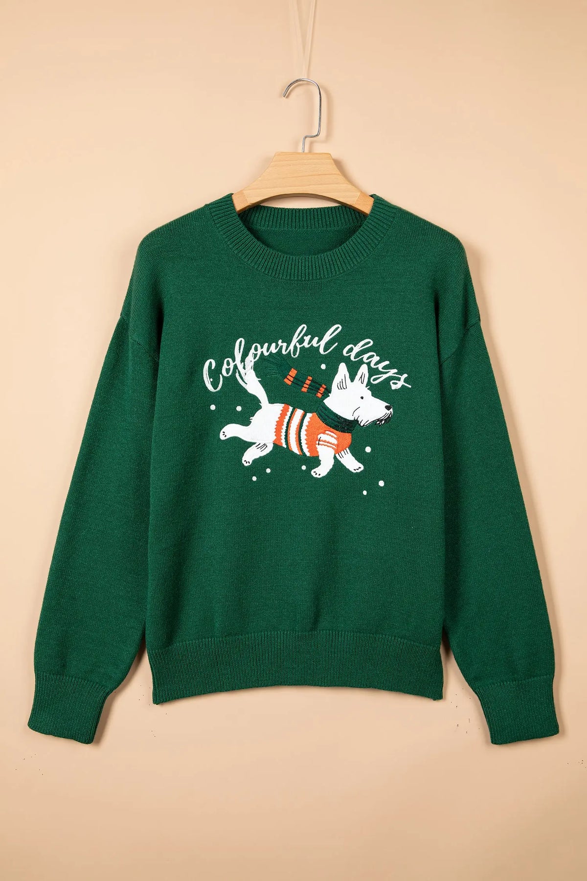 Blackish green abstract dog embroidery Christmas round neck sweater hanging view · nz-alt-v1
