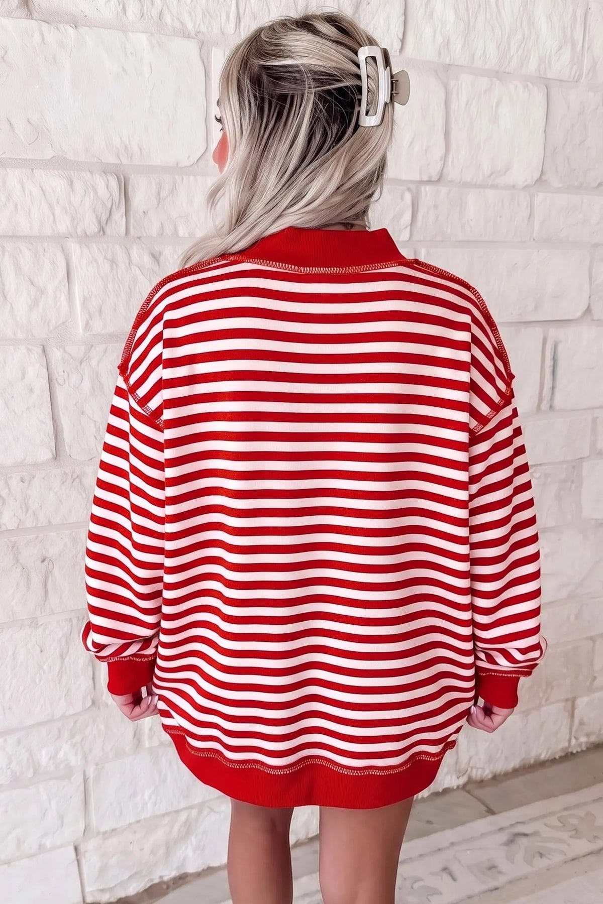 Stripe Christmas Slogan Embroidery Patched Mock Neck Oversized Sweatshirt