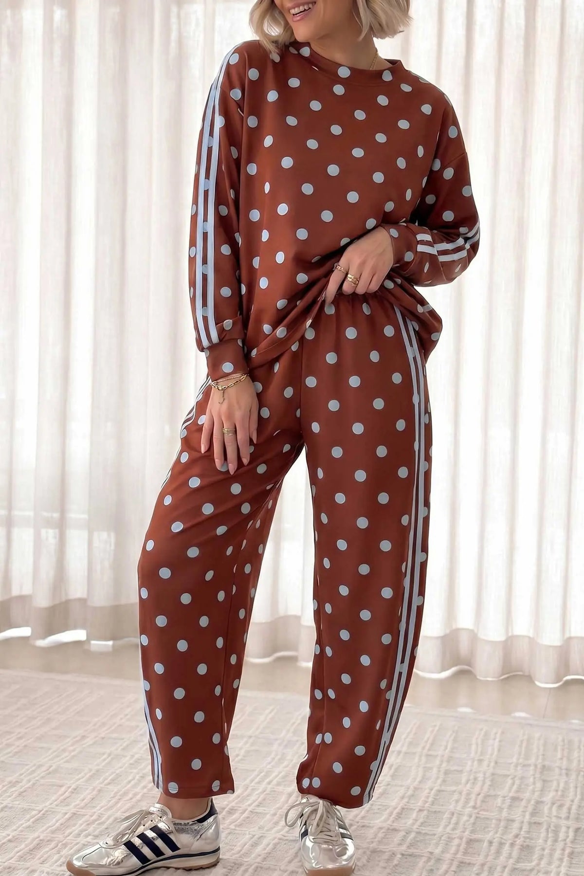 Pink Polka Dot Print Side Stripe Detail Long Sleeve Top Casual Pant Set