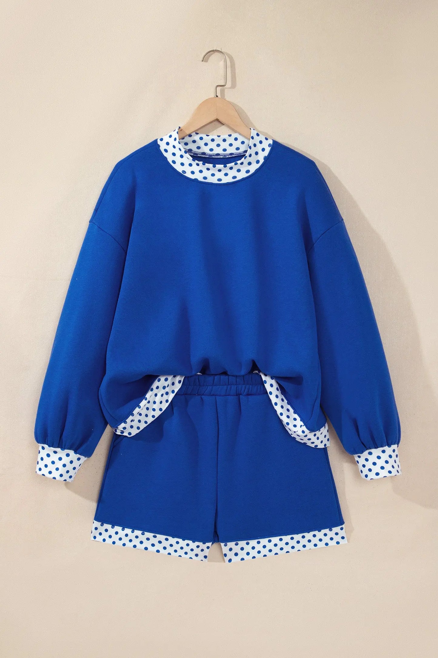 Dark Blue Polka Dot Trim Baggy Pullover 2pcs Short Set