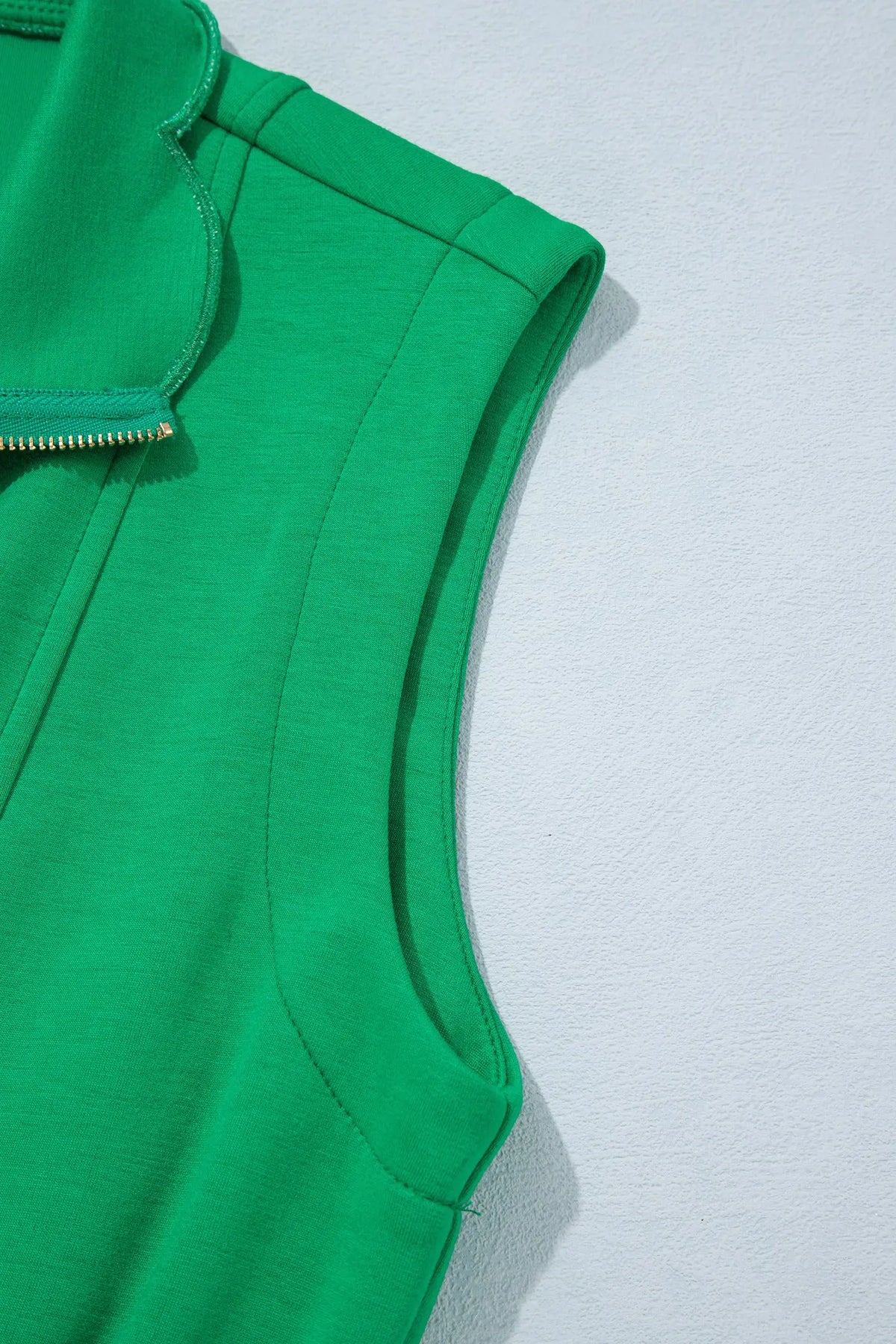 Bright Green Sleeveless Zip Front Scallop Hem Mini Dress armhole detail view · nz-alt-v1
