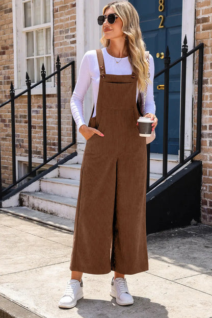 Brown Solid Color Corduroy Wide Leg Bib Overalls