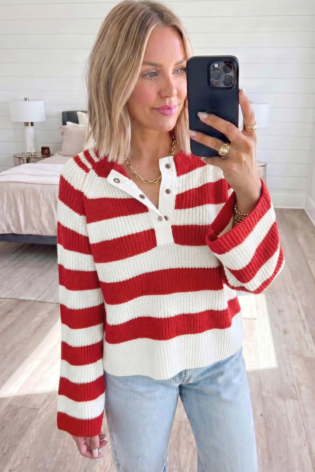 Red Stripe Striped Colorblock V Neck Long Sleeve Shift Sweater model front view · nz-alt-v1