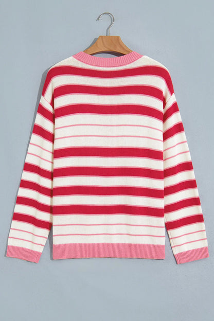 Red Stripe V Neck Long Sleeve Regular Fit Cardigan