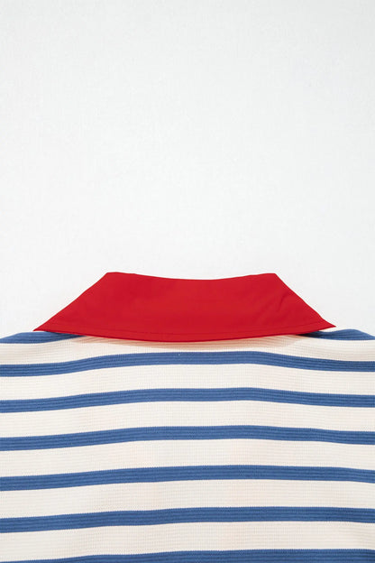 Blue Stripe Short Puff Sleeve Color Block Polo Collar Blouse Nataliz