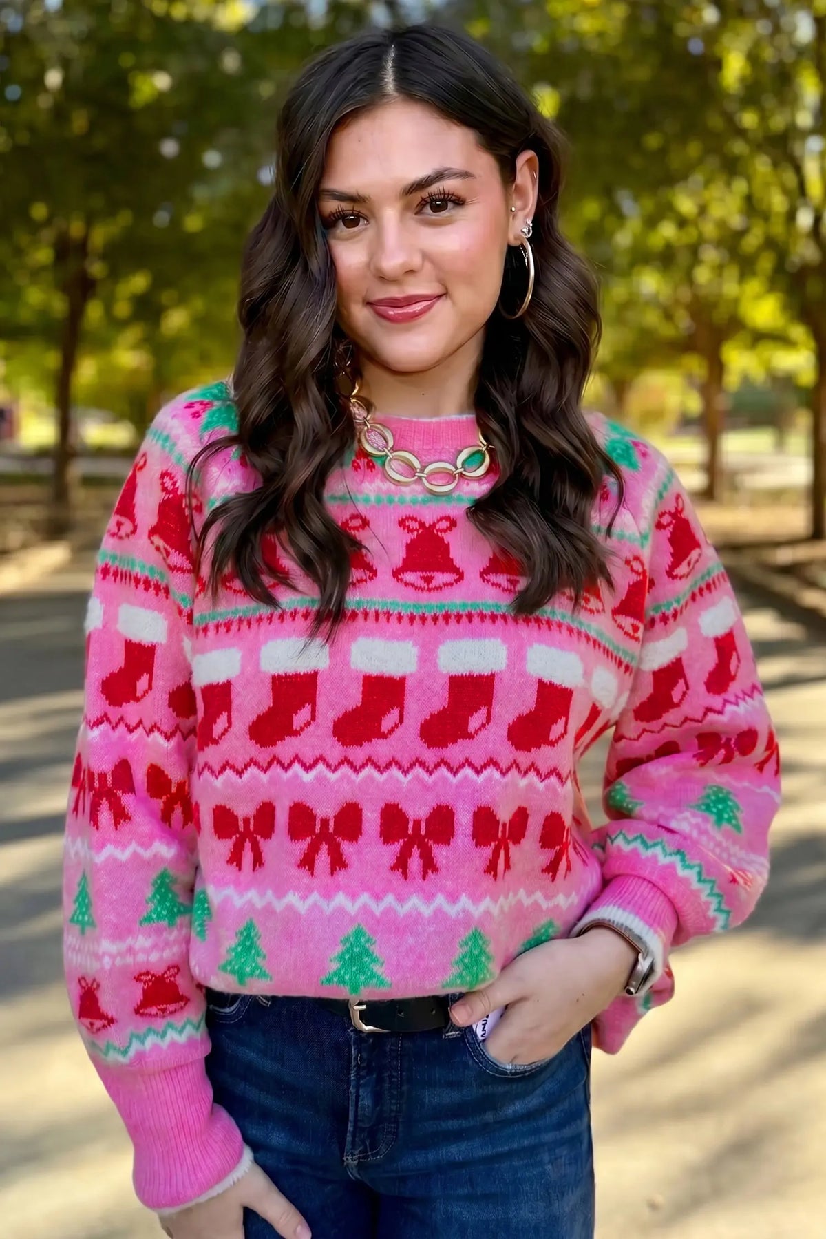 Christmas Holiday Graphic Round Neck Knit Sweater