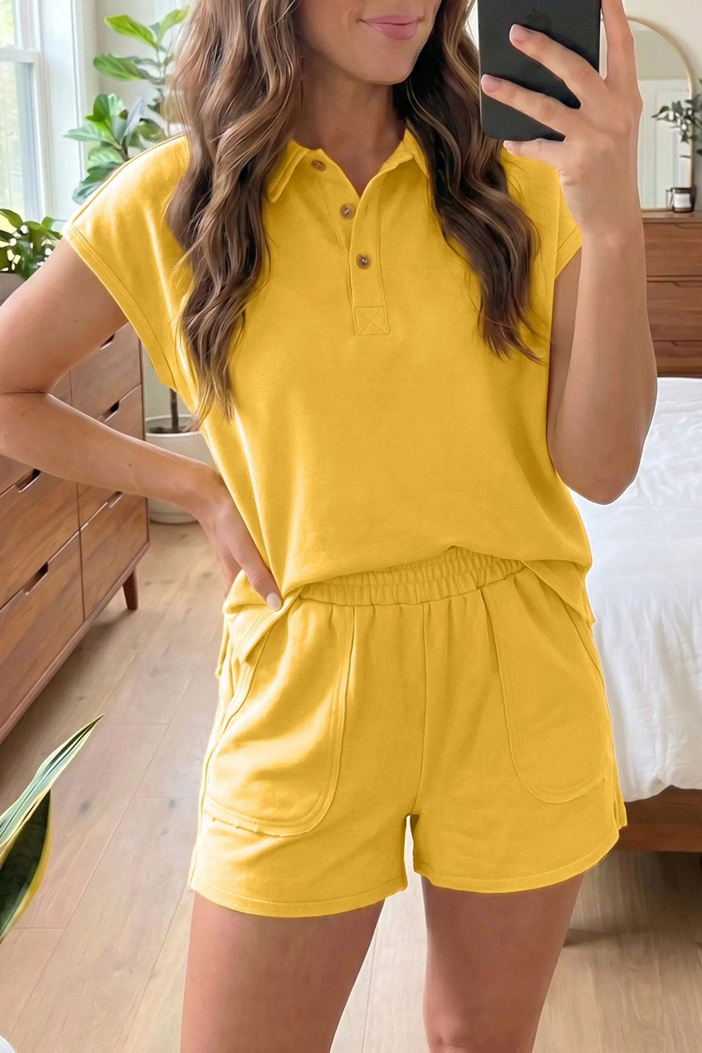 Banana Cream Loose Polo Tee Elastic Waist 2pcs Short Set Nataliz