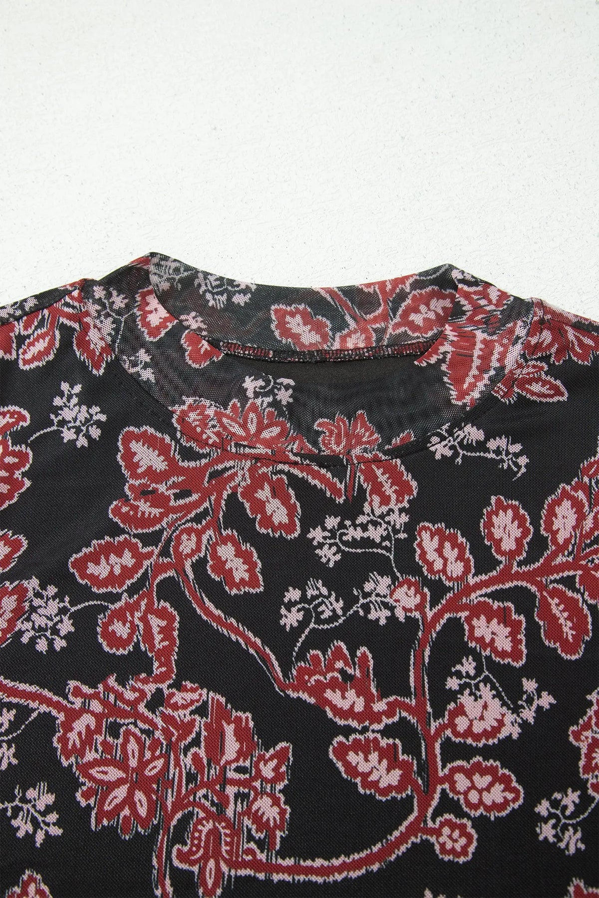 Black Retro Floral Print Long Sleeve Casual Mesh Dress neckline detail view · nz-alt-v1
