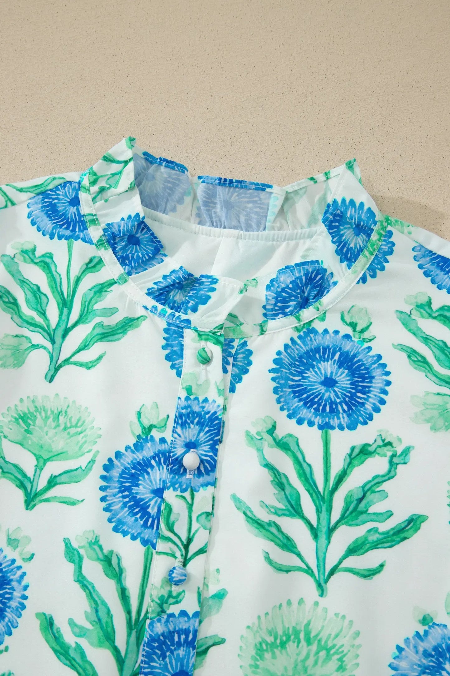 Sky Blue Floral Print Half Button Frilly Short Sleeve Dress
