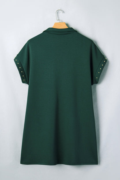 Evergreen Plus Size Glow Studded Zip up T Shirt Dress with Pockets - Casual Dresses