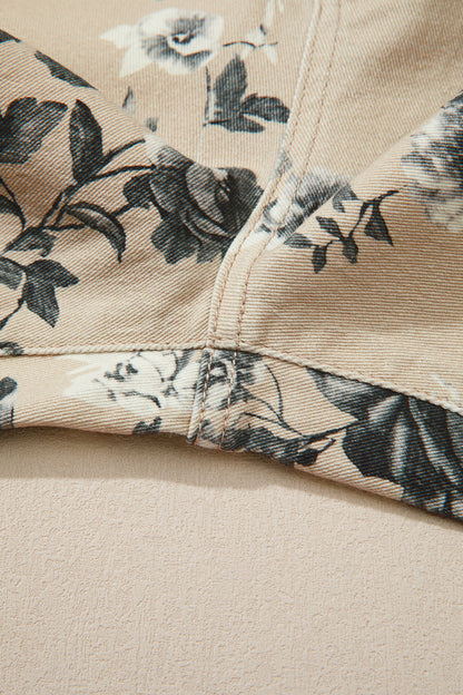 Beige Retro Floral Print Turn-up Cuffed Hem Loose Jeans