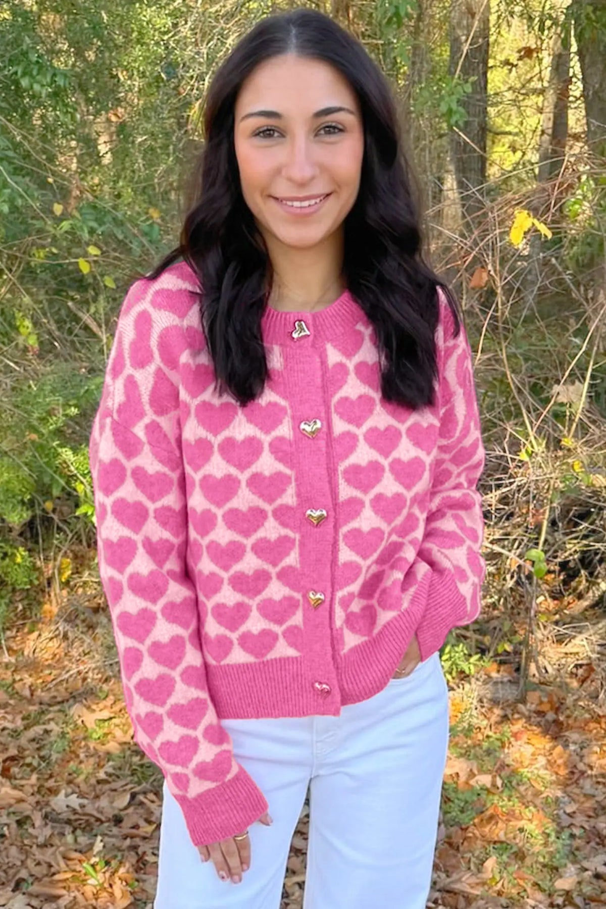 Heart Pattern Drop Shoulder Long Sleeve Button Front Cardigan
