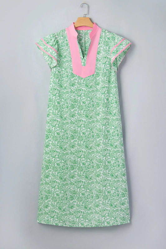 Green Plus Size Contrast Trim Flutter Sleeve Floral Kaftan Maxi Dress Nataliz