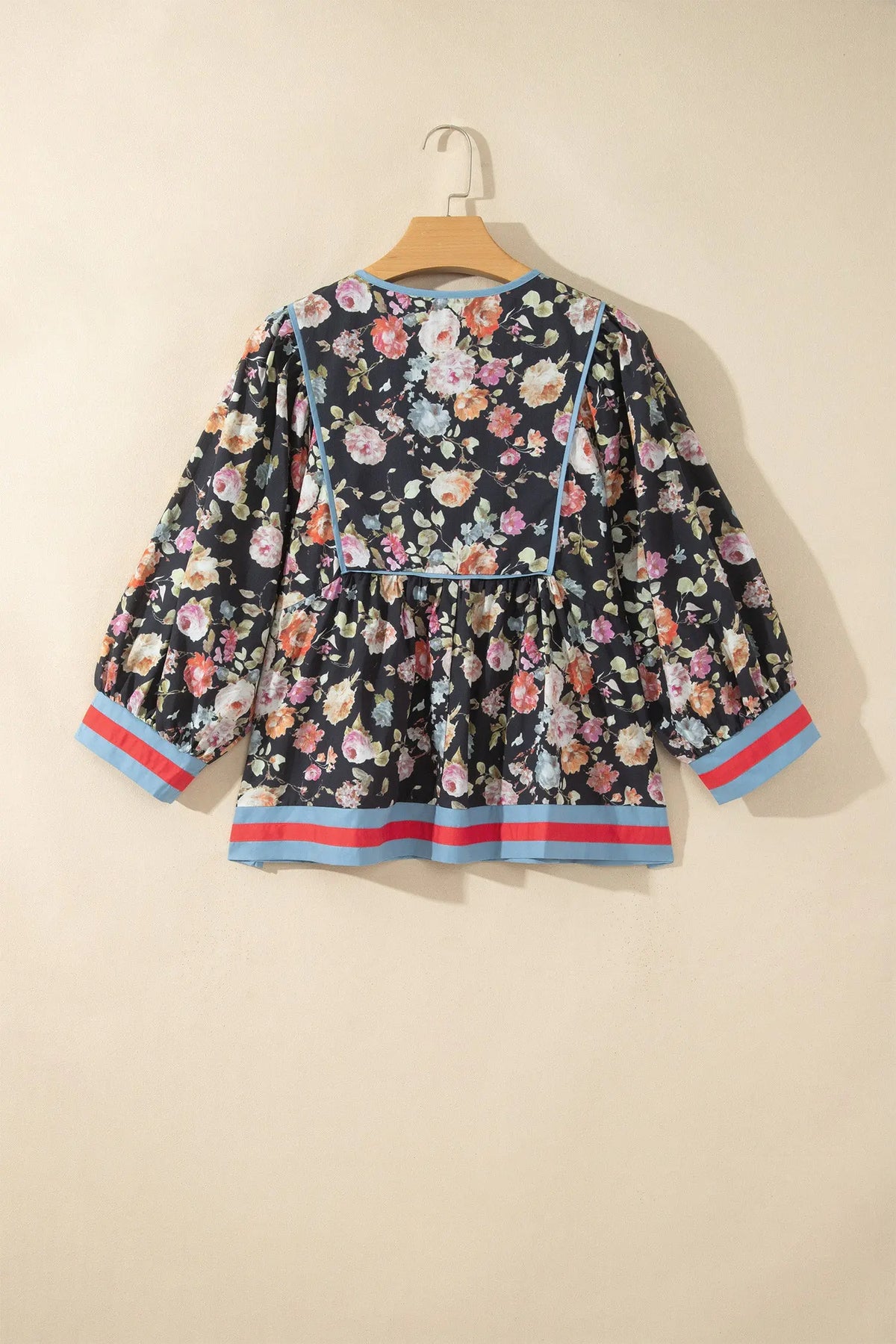 Black Floral Print Contrast Trim Tie V Neck Bracelet Sleeve Blouse hanging view · nz-alt-v1