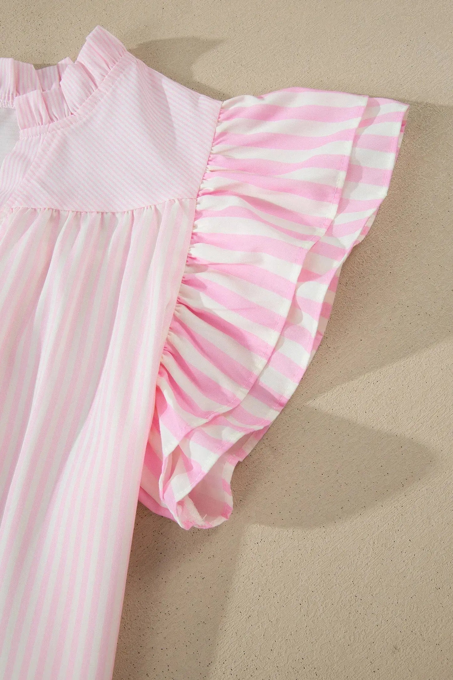 Pink Stripe Contrast Trim V Neck Flutter Sleeve Blouse - Blouses & Shirts