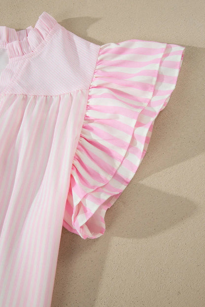 Pink Stripe Contrast Trim V Neck Flutter Sleeve Blouse - Blouses & Shirts