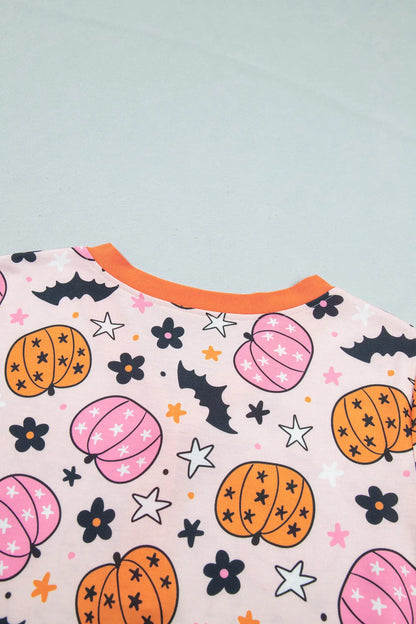 Pink Halloween Pumpkin Print Long Sleeve Home Wear Lounge Set
