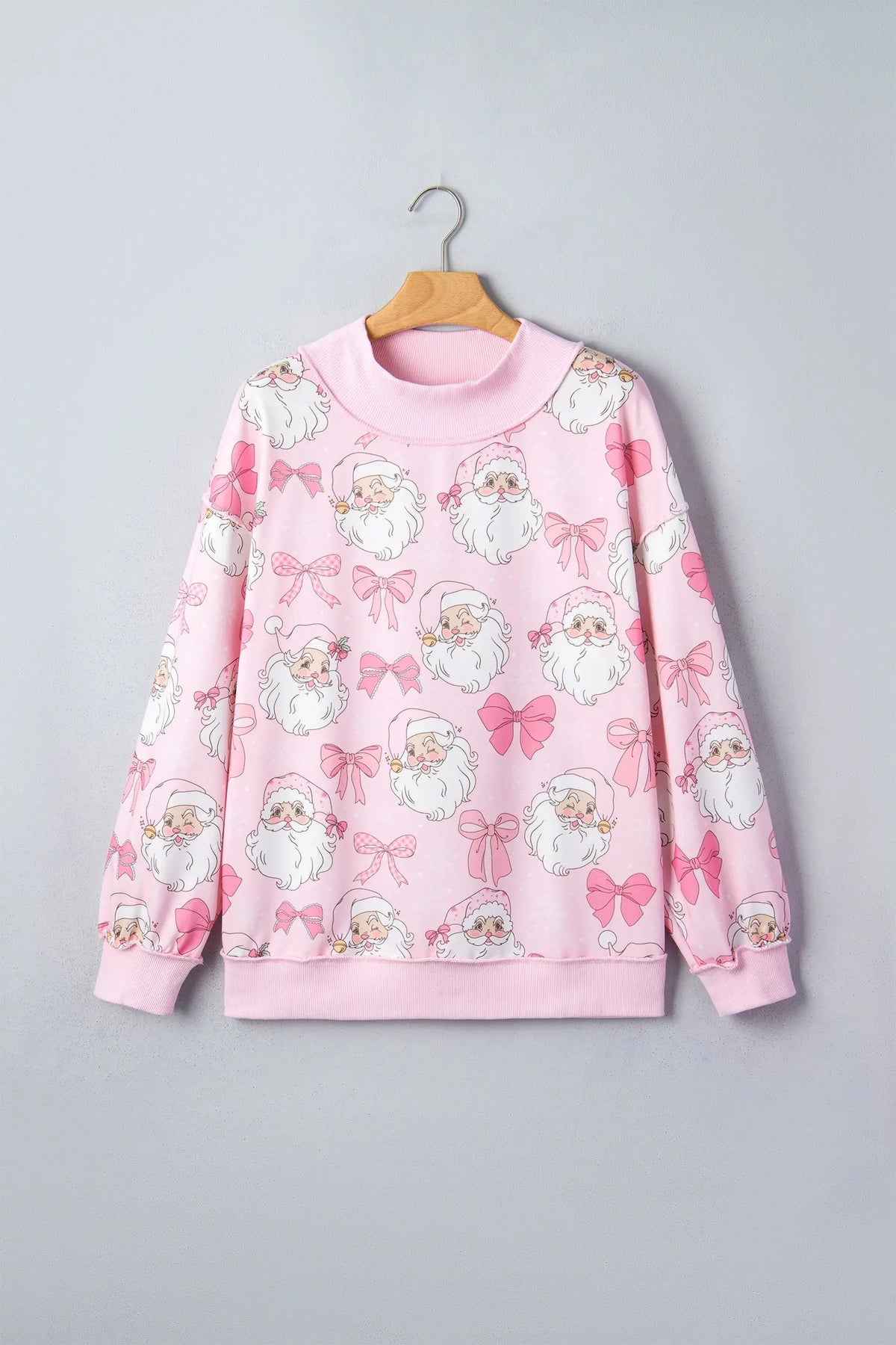 Pink Abstract Santa Print Drop Shoulder High Neck Sweatshirt
