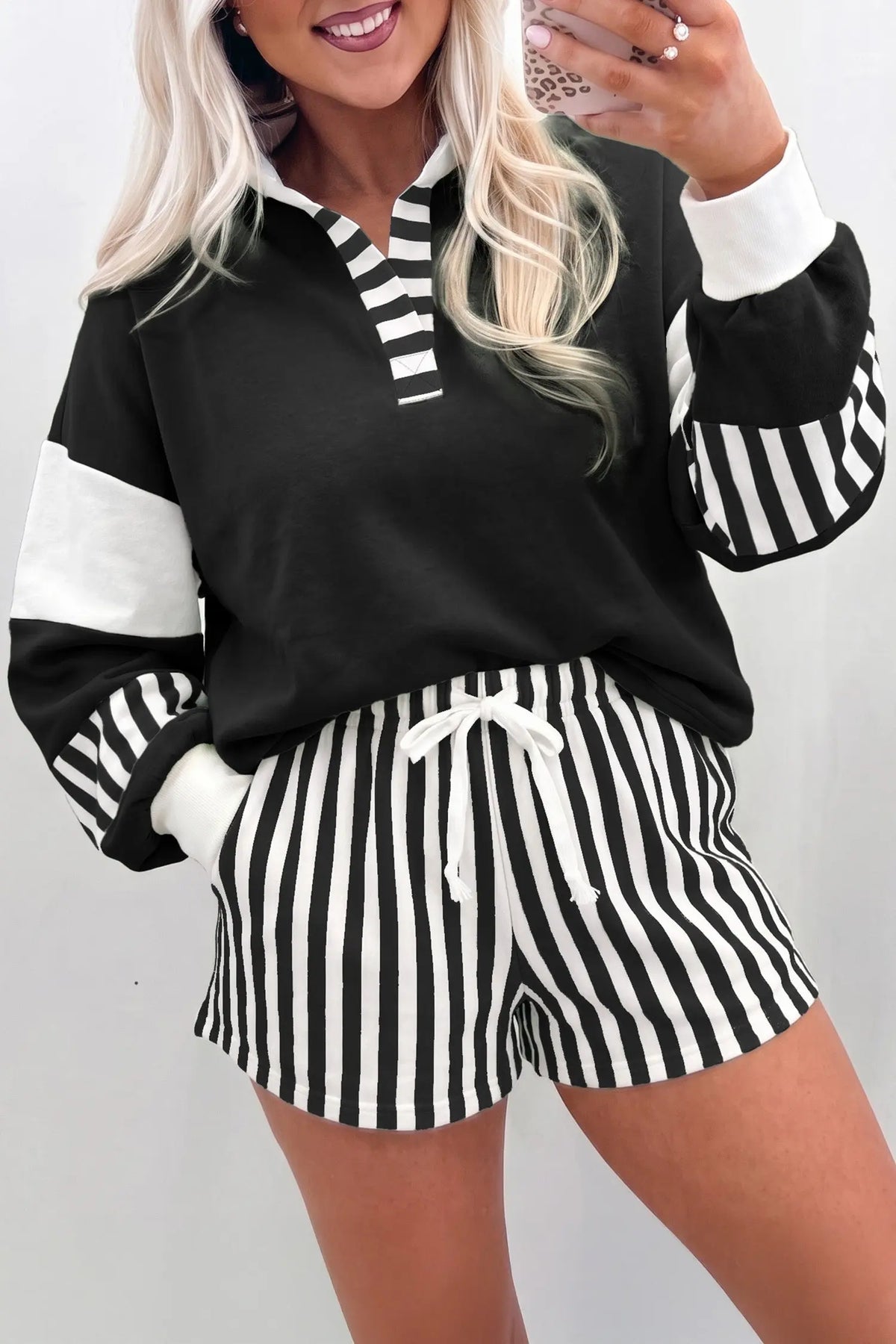 Striped Color Block Pullover Top Drawstring Shorts Set