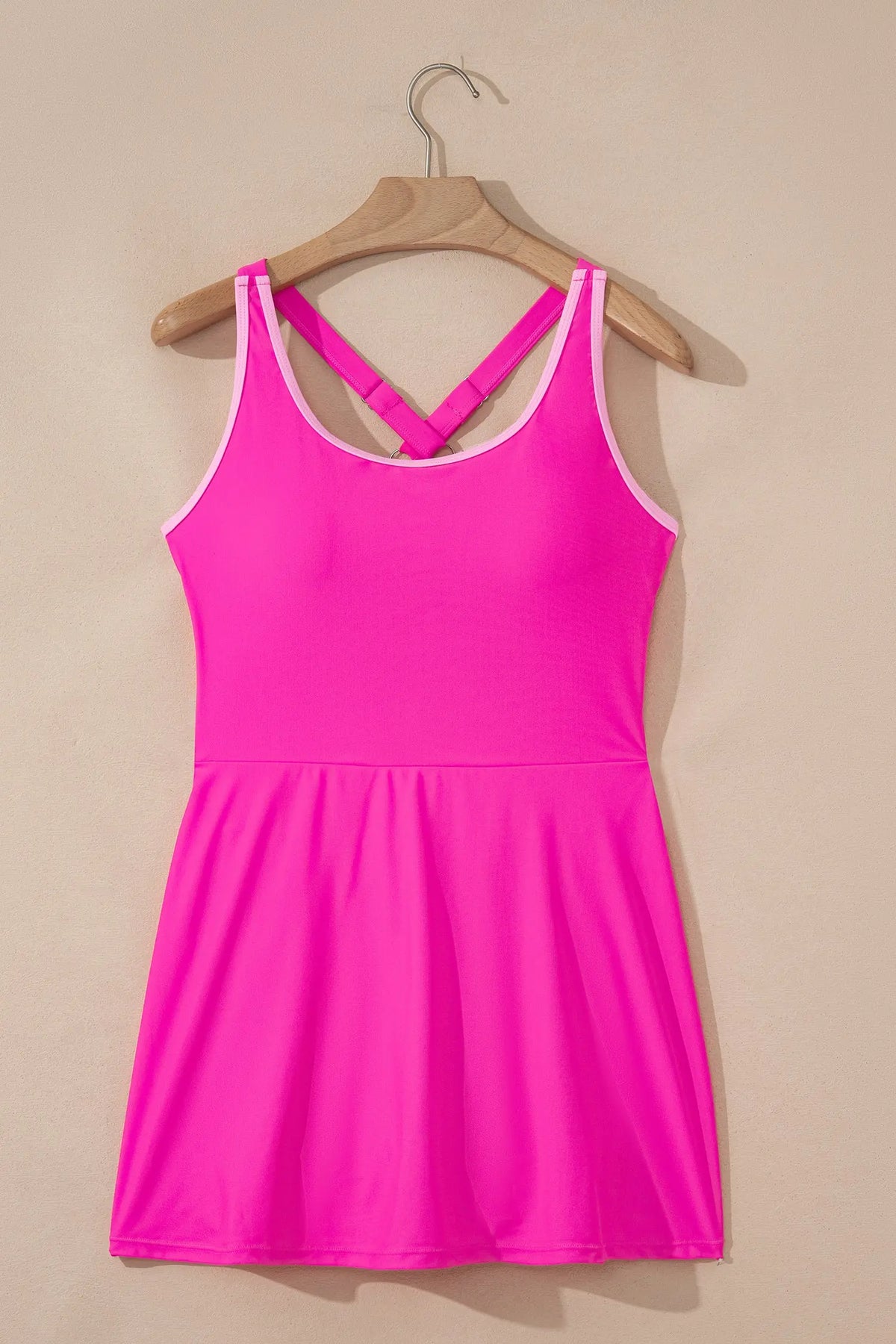 Rose Red Contrast Trim Neckline Active Shorts Attached One Piece Swim Dress