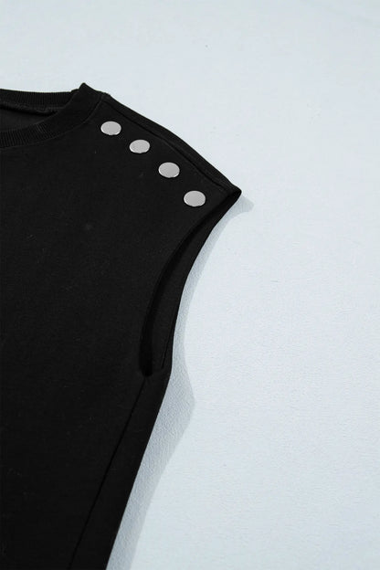 Black Casual Solid Short Sleeve Top with Metal Button Details Key Features - Tops