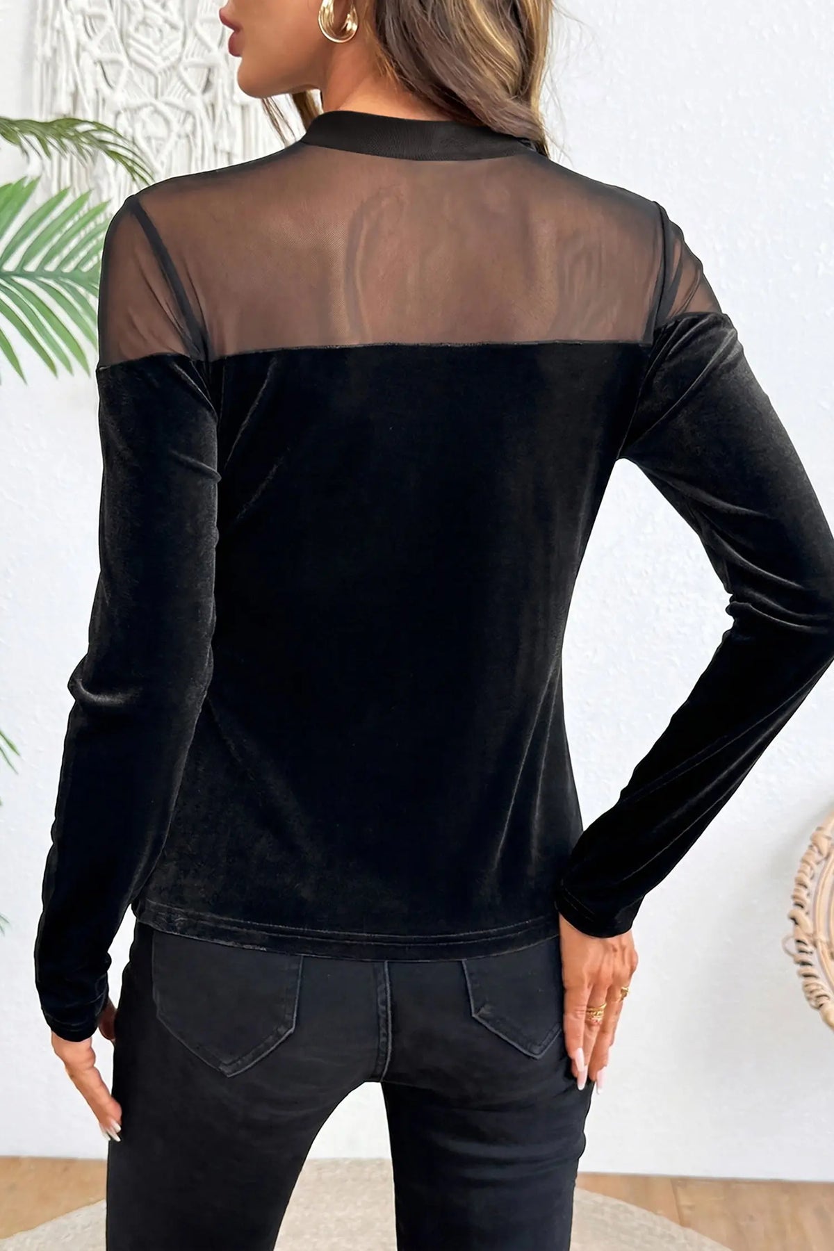 Velvet Long Sleeve Sheer Neck Patchwork Casual Pullover Top