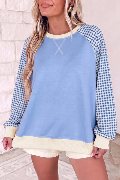 Beige Plaid Sleeve Colorblock Raglan Pullover Sweatshirt