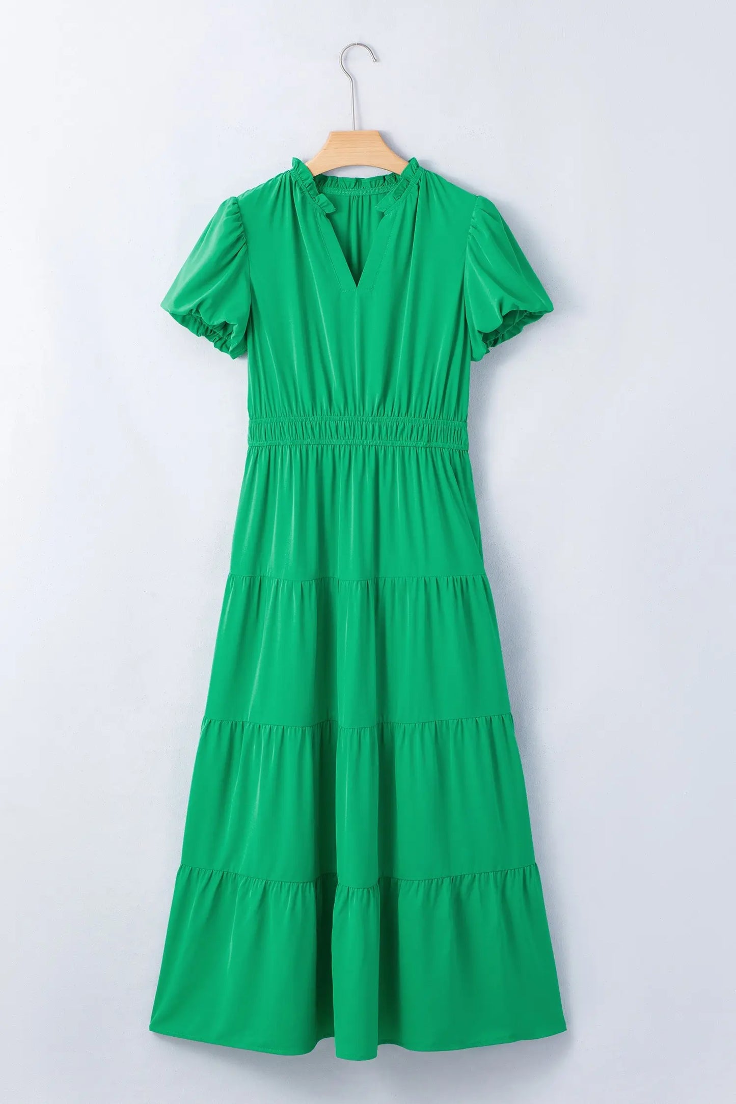Bright Green Solid Color V Neck Short Puff Sleeve High Waist Tiered Maxi Dress - Casual Dresses