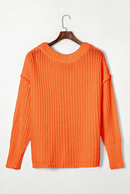 Orange Ribbed Knit Round Neck Slouchy Chunky Sweater