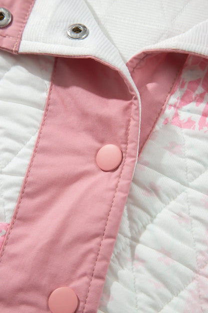 Pink Floral Quilted Half Button Pocketed Pullover Sweatshirt