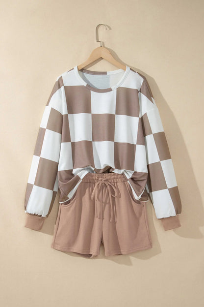 Khaki Checkerboard Plaid Long Sleeve Solid Color Shorts 2pcs Set